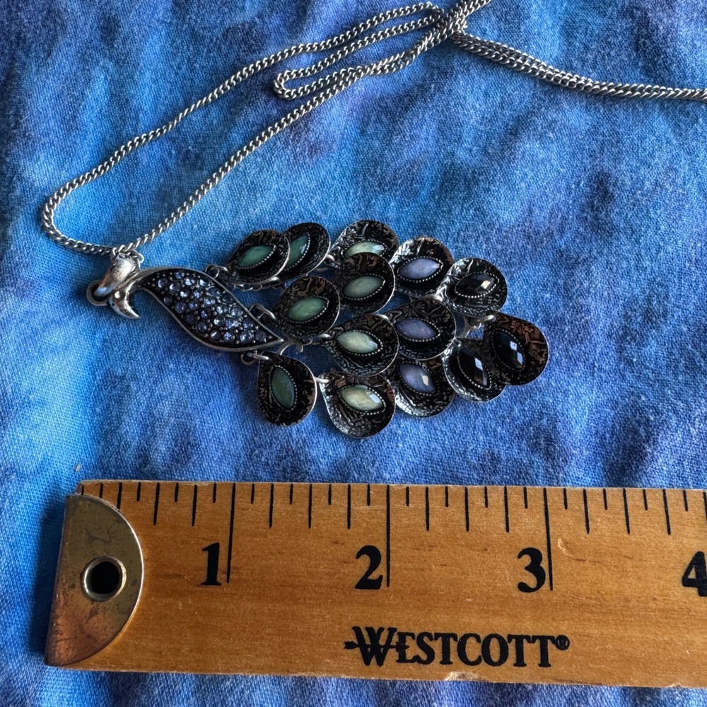 Vintage Peacock Statement Necklace Silver Green Blue Bird Articulated Dangle - Picture 4 of 12
